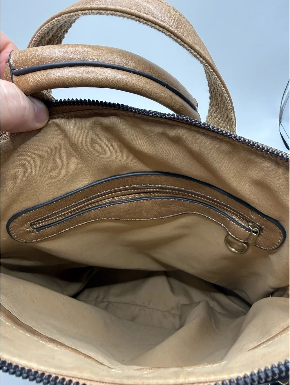 Tan Faux Leather Backpack with Front and Interior Zipper Pck
